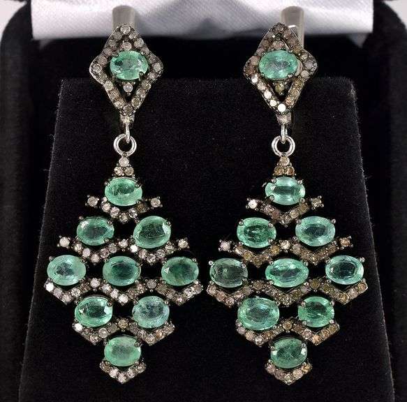 Elegant 7.10CTW Emerald & 0.96CTW Diamond Earrings in Sterling Silver