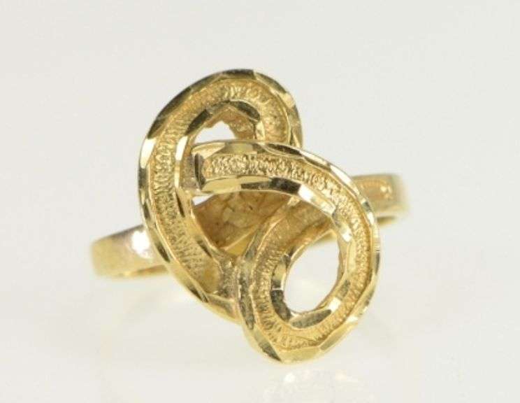 14K Yellow Gold Diamond Cut Grooved Swirl Spiral Freeform Ring