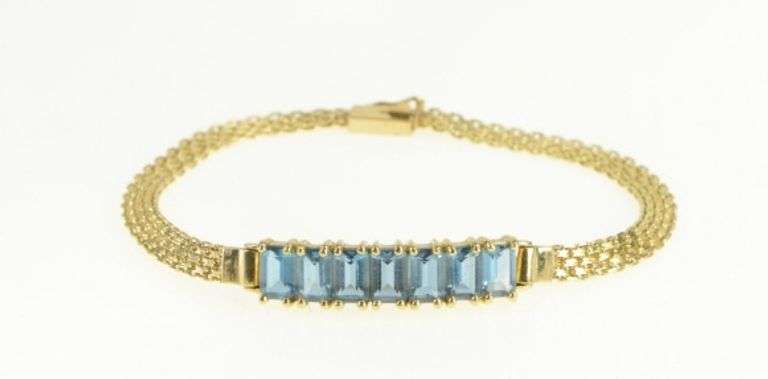 14K Yellow Gold Emerald Cut Blue Topaz Box Chain Vintage Bracelet