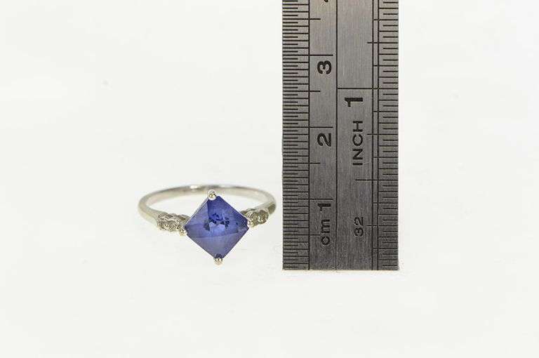 10K White Gold Cushion Syn. Sapphire Diamond Vintage Ring