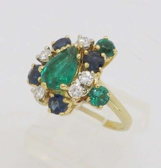 Emerald, Sapphire, and Diamond Cocktail ring in 18k Yellow Gold