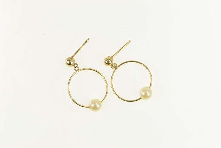 14K Yellow Gold Pearl Beaded Round Circle Drop Dangle Earrings