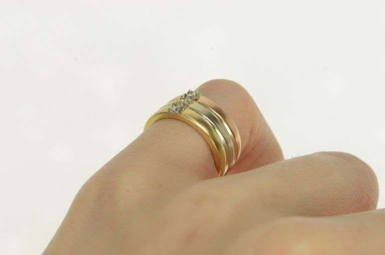 14K Yellow Gold Tri Tone Diamond Layered Statement Band Ring
