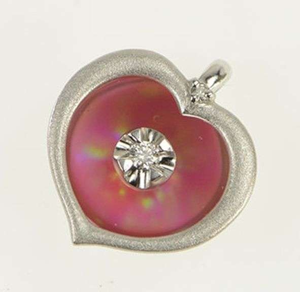 14K White Gold Retro Pink Sim. Opal Diamond Curved Heart Pendant