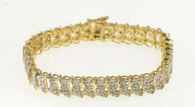 14K Yellow Gold 1.14 Ctw Diamond Wavy Bar Link Tennis Bracelet