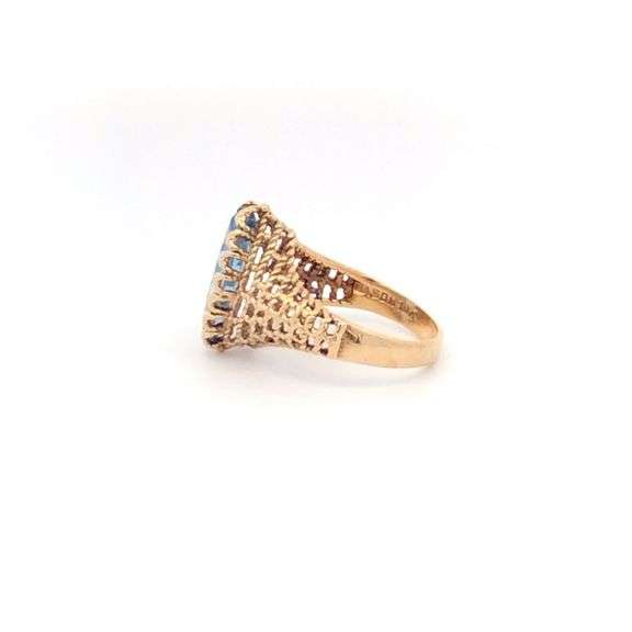 10K Yellow Gold 1960's Retro Blue Topaz Marquise Filigree Ring