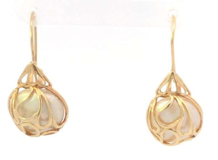 14K Yellow Gold Pearl Ornate Paisley Dangle Hook Statement Earrings