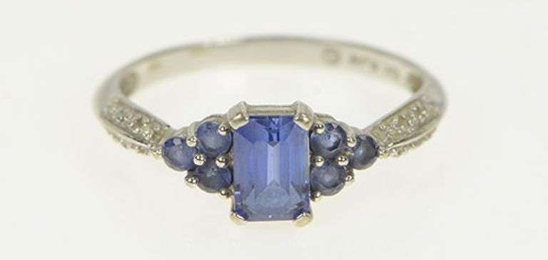 10K White Gold Emerald Cut Syn. Sapphire Diamond Vintage Ring