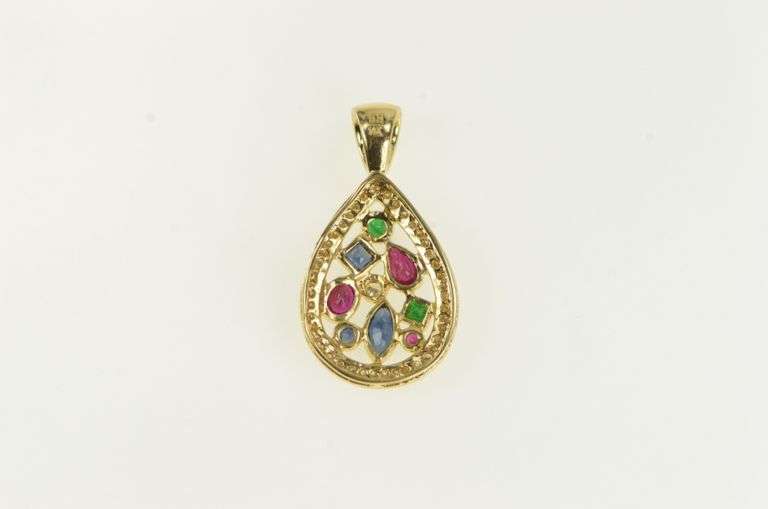 14K Yellow Gold Ctw Emerald Ruby Sapphire Diamond Pendant