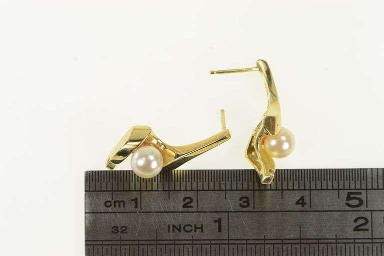14K Yellow Gold Pearl Diamond Accent Swirl Drop Vintage Earrings
