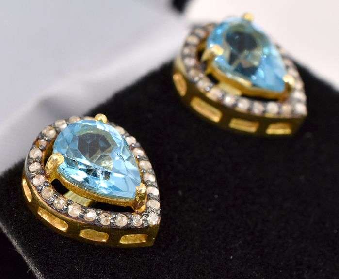 Precious 3.80CTW Blue Topaz & 0.40CTW Diamond Earrings in Gold Plated Sterling Silver