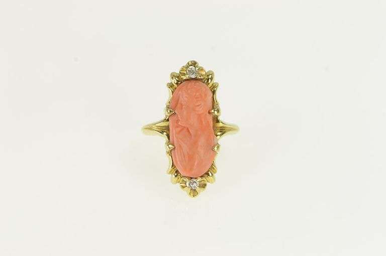 14K Yellow Gold Victorian Coral Diamond Accent Ornate Ring