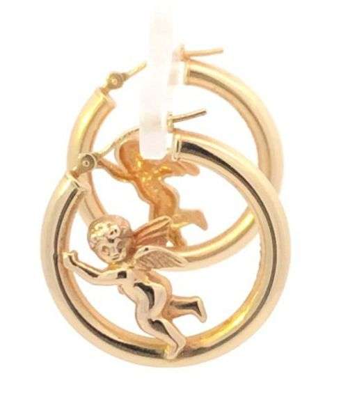 14K Yellow Gold Cherub Angel Cupid 25.1mm Statement Hoop Earrings