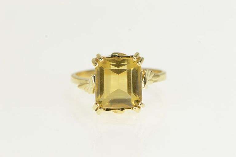 14K Yellow Gold Emerald Cut Citrine Ornate Cocktail Statement Ring