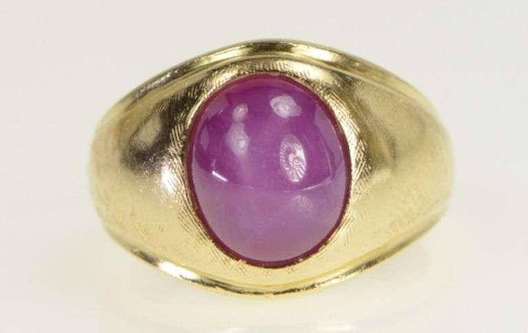 14K Yellow Gold Oval Syn. Star Ruby Cabochon Retro Ring