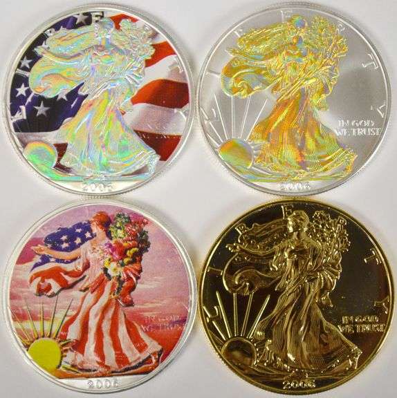 Lot Of 4 American Silver Eagles Colorized, Holographic, Gold-Plated