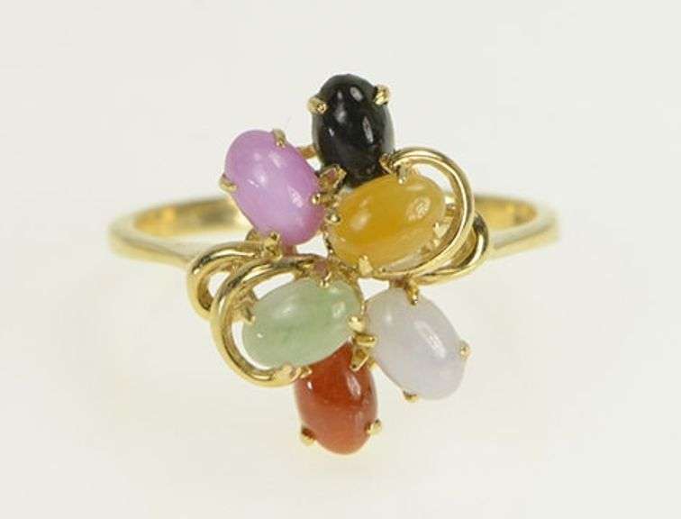 14K Yellow Gold Retro Syn. Star Sapphire Jade Cluster Ring