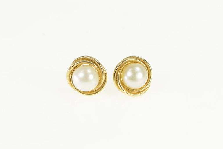 14K Yellow Gold 6.2mm Vintage Pearl Twist Trim Stud Earrings
