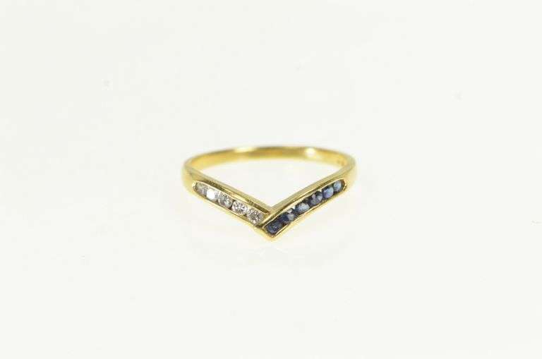 18K Yellow Gold Chevron Sapphire Diamond Vintage Band Ring