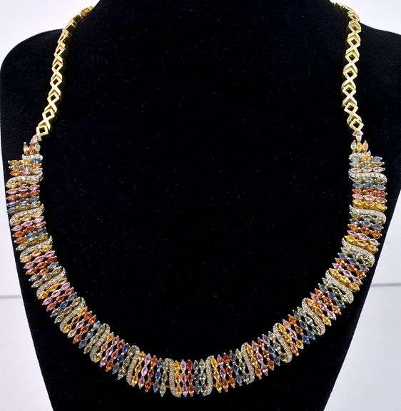 Jaw Dropping 25.35CTW Colorful Sapphires & 2.00CTW Diamond Necklace in Gold Plated Sterling Silver