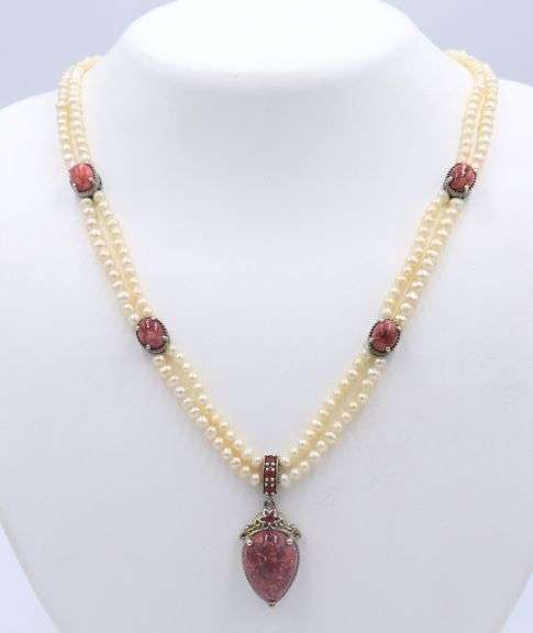 925 Sterling Silver Agate Pendant with 2 Row Pearl Necklace