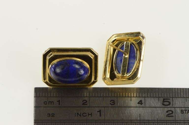 14K Yellow Gold Oval Lapis Lazuli Retro Squared Statement Earrings