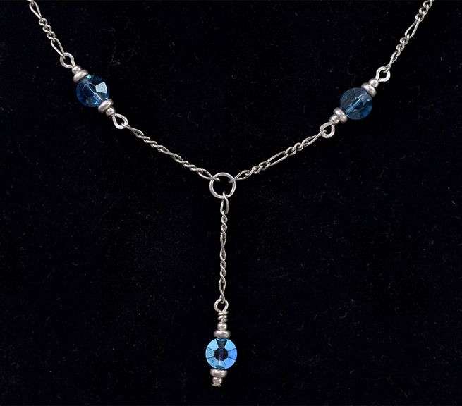 Signed Vintage Festoon Blue Bead Necklace In Sterling Silver
