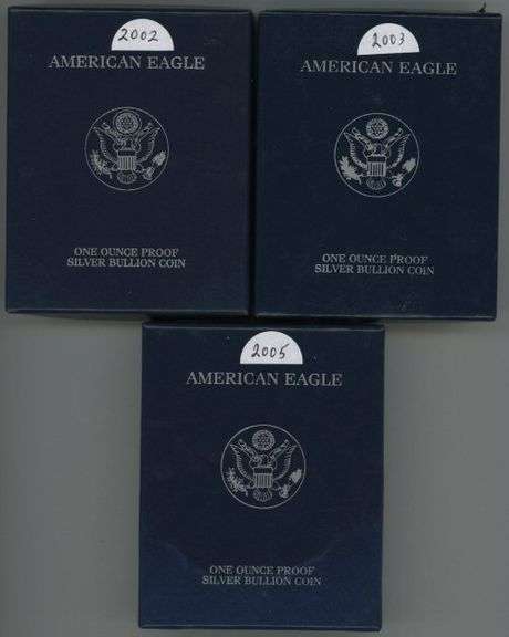 2002, 2003, & 2005 Proof $1 American Silver Eagles. Box/COA