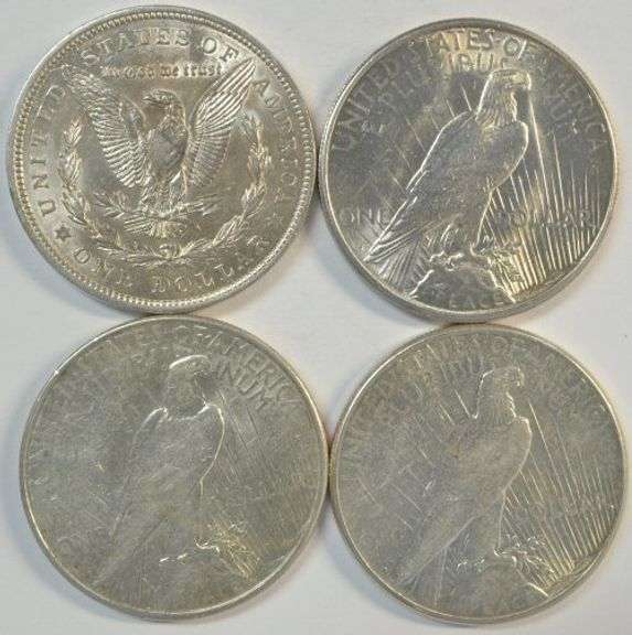 4 Flashy-white Silver Dollars: 1921-D Morgan & 1922-S, 1923-S & 1926-S Peace