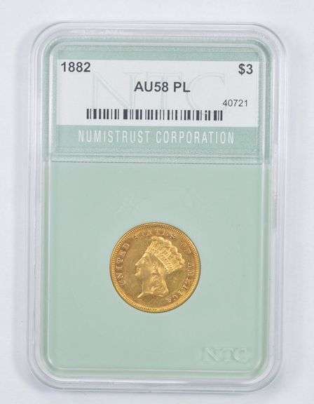 AU58 PL 1882 $3 Indian Princess Head Three-Dollar Gold Piece NTC