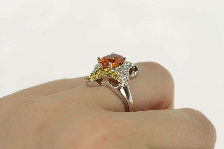14K White Gold Fire Opal Pave Yellow & White Diamond Ring