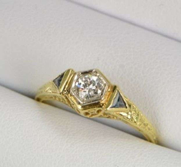18K Yellow Gold Art Deco Diamond Sapphire Accent Vintage Ring