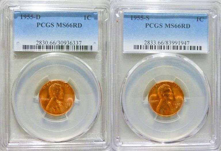 Superb Gem BU 1955D & 1955S Mint Lincoln Cents Both PCGS MS 66 Red!