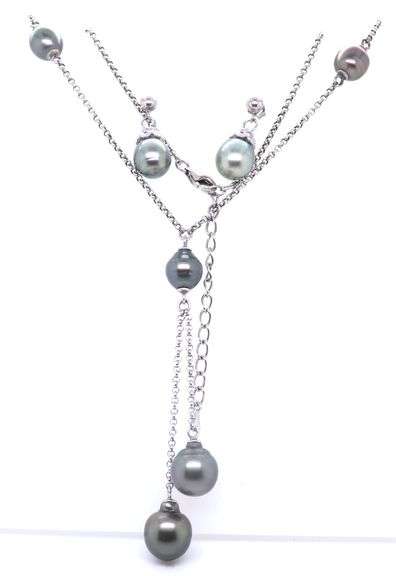 925 Sterling Silver Grey Parl Lariat Necklace with Pearl Dangle Earrings