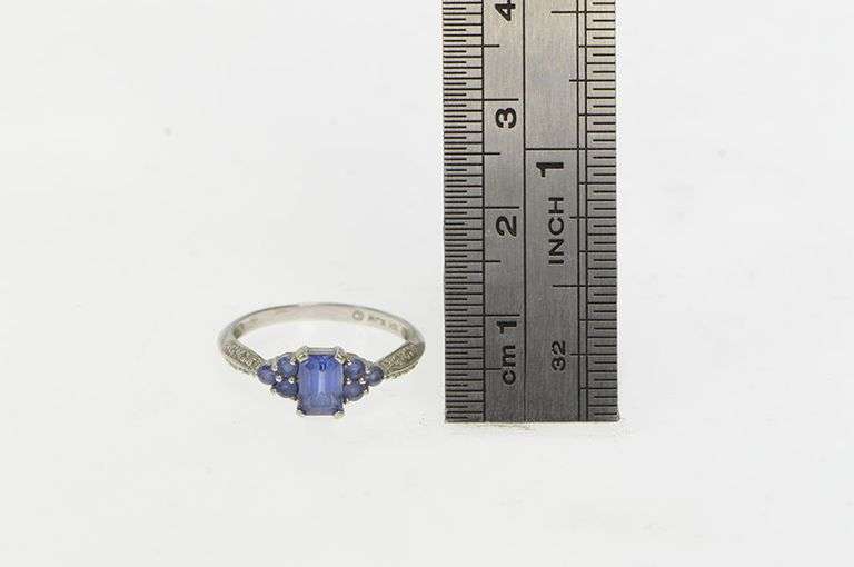 10K White Gold Emerald Cut Syn. Sapphire Diamond Vintage Ring