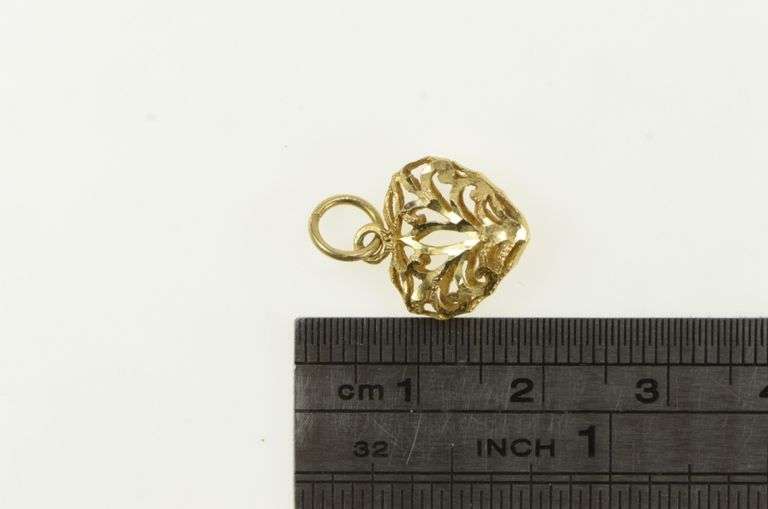 14K Yellow Gold Diamond Cut Filigree Puffy Heart Love Charm/Pendant