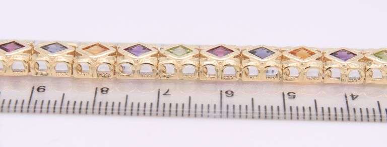 Powerful Yellow Gold Square Cut Peridot, Garnet, Iolite, Citrine and Amethyst Link Bracelet