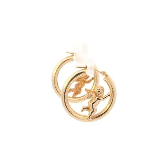 14K Yellow Gold Cherub Angel Cupid 25.1mm Statement Hoop Earrings