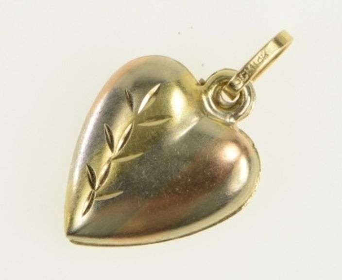 14K Yellow Gold Tri Tone Diamond Cut Puffy Heart Love Pendant