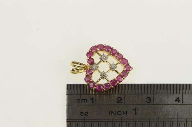 10K Yellow Gold Natural Ruby Diamond Heart Lattice Love Charm/Pendant