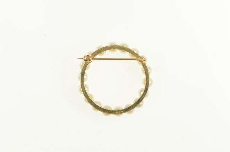 14K Yellow Gold Pearl Vintage Classic Round Circle Pin/Brooch