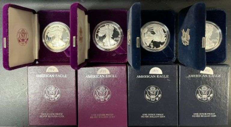 1986, 1989, 1999, & 2000 Gem Proof $1 Silver Eagles in boxes (no certs)