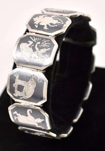 Vintage Siam Niello Mekkala Panel Link Bracelet In Sterling Silver