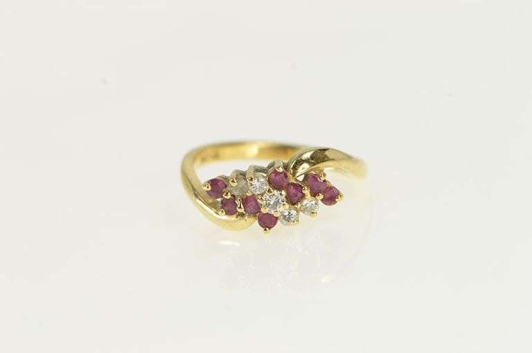 14K Yellow Gold Diamond Ruby Wavy Band Vintage Statement Ring