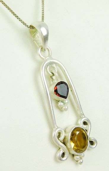 Large Sterling Garnet & Citrine Pendant & Chain