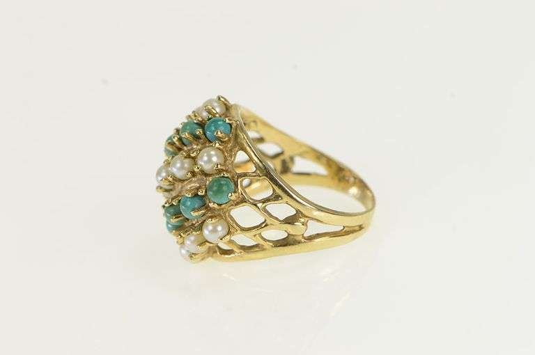14K Yellow Gold Domed Pearl Turquoise Vintage Cocktail Ring
