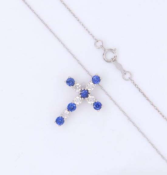 Fantastic White Gold Sapphire and Diamond accent Cross Pendant on Chain