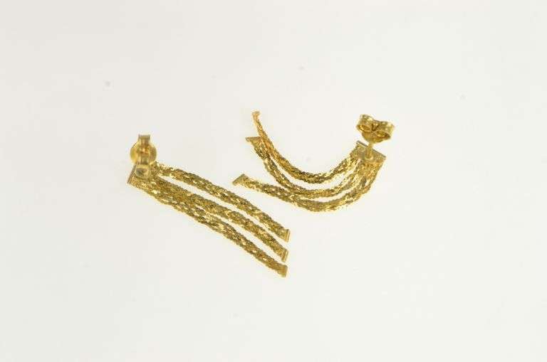 14K Yellow Gold Braided Woven Chain Dangle Fringe Tassel Earrings