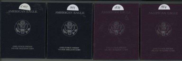 1986, 1989, 1999, & 2000 Gem Proof $1 Silver Eagles in boxes (no certs)