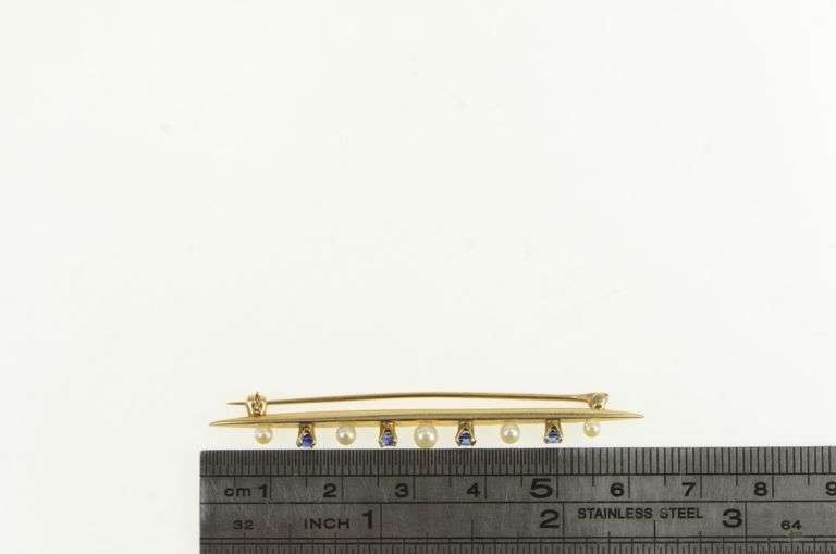 14K Yellow Gold Retro Syn Sapphire Seed Pearl Vintage Bar Pin/Brooch